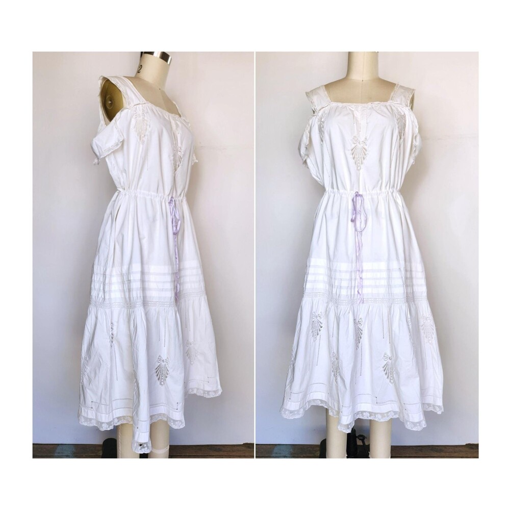 Antique 1900s Edwardian Lace Eyelet White Dress - Prairie - Italian Hand Made OS